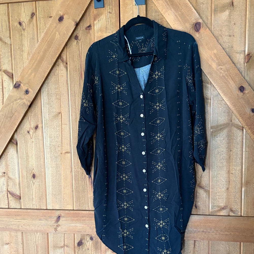 TANORA Black Button-Front Tunic Dress with Gold Star Embroidery